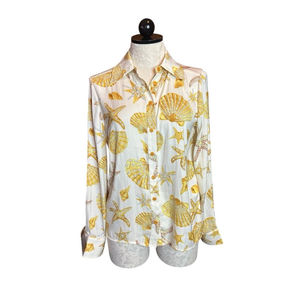 Rachel Zoe Button Down Beach Seashell Long Sleeve Blouse Collared Lightweight XS